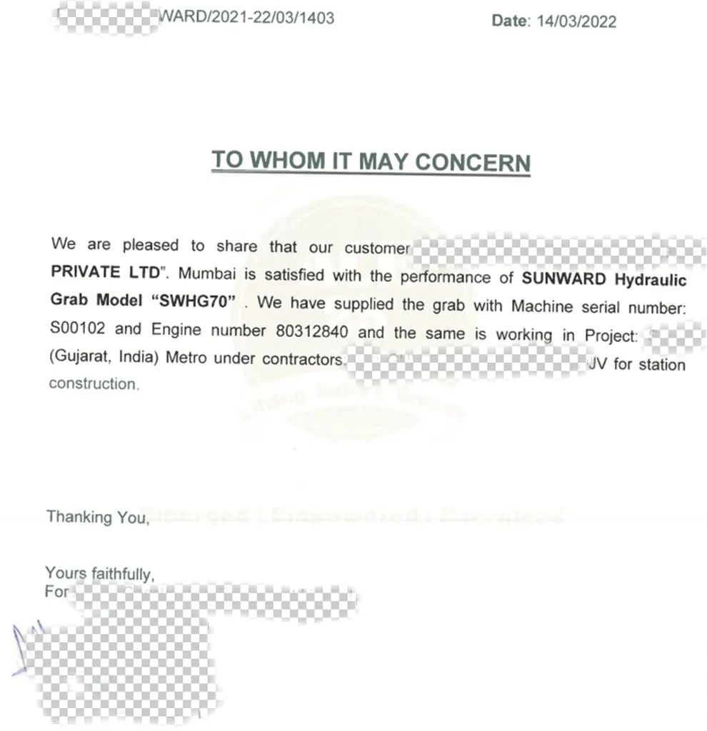 感谢信！ca888亚洲城智能SWHG70液压抓斗助力海外基础施工获肯定